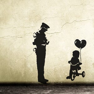 Banksy Wall Decal Cop and Girl with Heart Balloon, TRICYCLE COP Graffiti, Police Guard and Balloon Girl Street Art Wall Sticker, Urban-Decor image 4