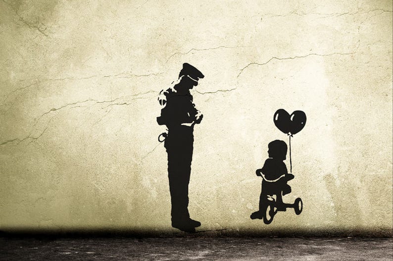 Banksy Wall Decal Cop and Girl with Heart Balloon, TRICYCLE COP Graffiti, Police Guard and Balloon Girl Street Art Wall Sticker, Urban-Decor image 4