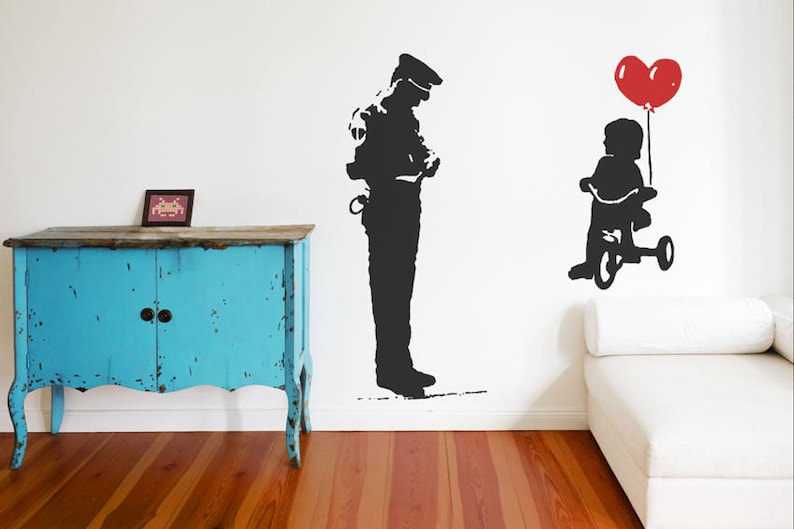 Banksy Wall Decal Cop and Girl with Heart Balloon, TRICYCLE COP Graffiti, Police Guard and Balloon Girl Street Art Wall Sticker, Urban-Decor image 7