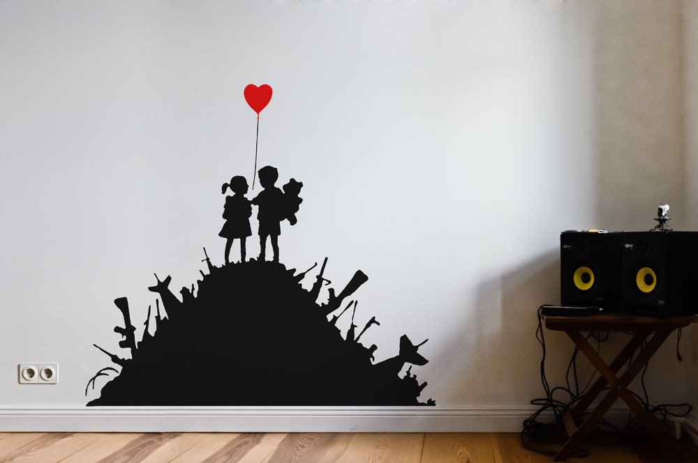 BANKSY Decal Gun Hill Kids with heart balloon, Street Art Wall Decal, Save the Earth Wall Art, Banksy Stencil, Graffiti Wall Decal