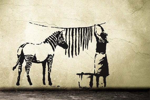 Banksy Decal Zebra Stripes Washing Laundry, Street Art Wall Decal