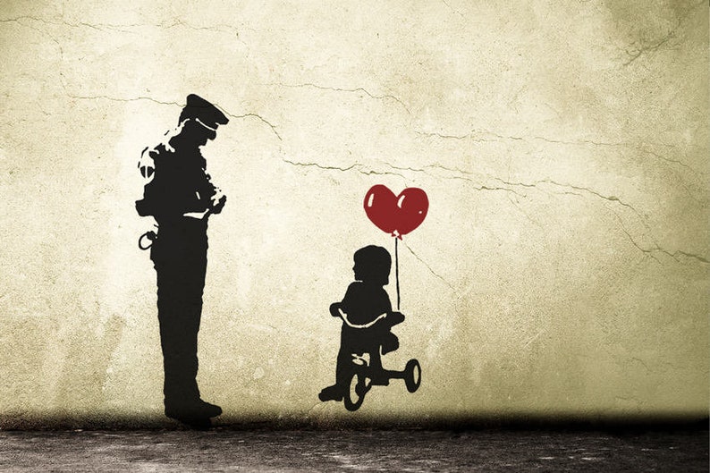 Banksy Wall Decal Cop and Girl with Heart Balloon, TRICYCLE COP Graffiti, Police Guard and Balloon Girl Street Art Wall Sticker, Urban-Decor image 3