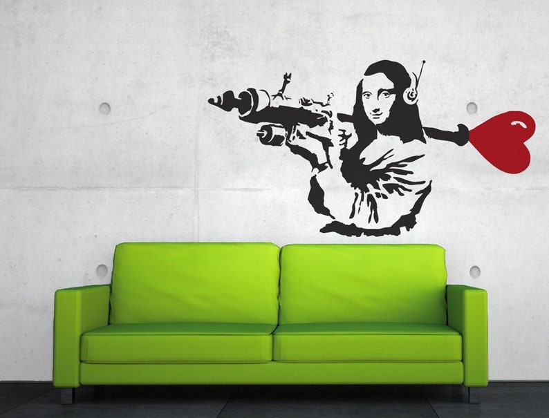 BANKSY Decal MONA LISA Heart Rocket, Street Art Heart Bomb Wall Decal, Graffiti Banksy Stencil Wall Sticker, Banksy Art image 3
