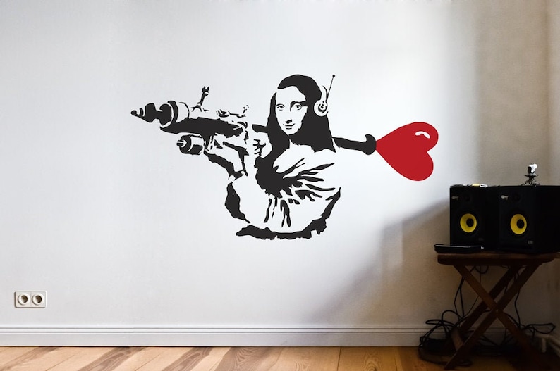 BANKSY Decal MONA LISA Heart Rocket, Street Art Heart Bomb Wall Decal, Graffiti Banksy Stencil Wall Sticker, Banksy Art image 1