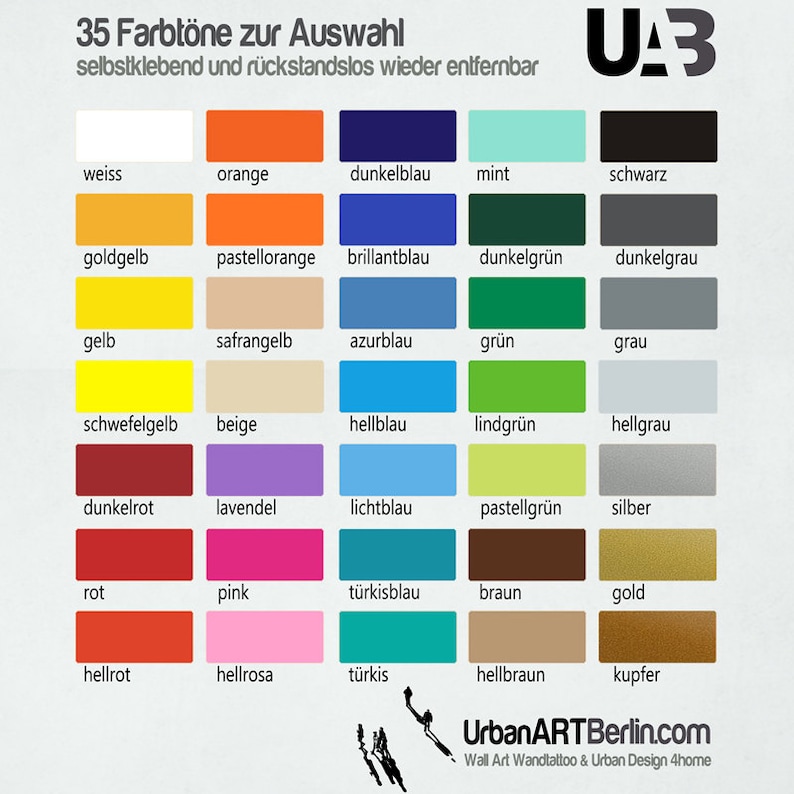 May include: A chart of 35 self-adhesive, removable colours with German names. The colours are arranged in rows and columns, with each colour labelled with its German name. The colours include white, orange, dark blue, mint, black, gold yellow, pastel orange, brilliant blue, dark green, dark grey, yellow, saffron yellow, azure blue, green, grey, sulphur yellow, beige, light blue, lime green, light grey, dark red, lavender, light blue, pastel green, silver, red, pink, turquoise blue, brown, gold, light red, light pink, turquoise, light brown, and copper.