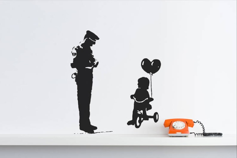 Banksy Wall Decal Cop and Girl with Heart Balloon, TRICYCLE COP Graffiti, Police Guard and Balloon Girl Street Art Wall Sticker, Urban-Decor image 6