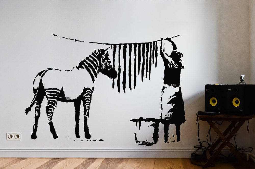 Banksy Decal Zebra Stripes Washing Laundry, Street Art Wall Decal