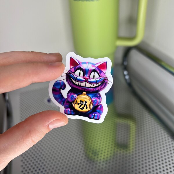 Cheshire Cat Sticker, lucky cat sticker: We're All Mad Here, Waterproof Weatherproof sticker, MATTE, hand drawn, Alice in Wonderland sticker