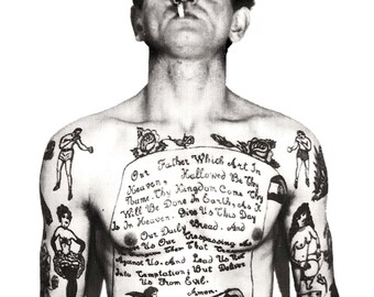 Vintage photo tattoo art print tattooed man smoking Lords Prayer pop art poster gift tattoo artist photograph 1930s