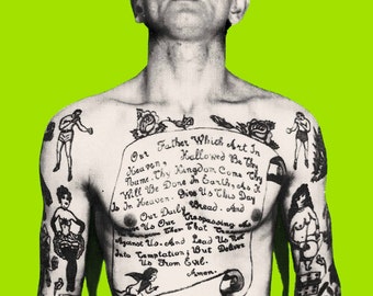 Vintage tattoo art photo pop art print poster tattooed man smoking tattoo artist gift 1930s photograph