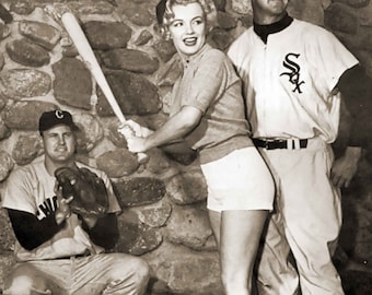 Marilyn photo print vintage Sox baseball decor wall art sports gift old black and white picture at bat with Joe in Chicago