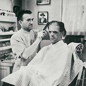 Vintage salon and barber shop decor, print Frankenstein Boris Karloff haircut, black and white photography poster, gift hair stylist