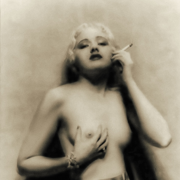 Vintage nude woman smoking photography print erotic risque sexy naked breasts antique black and white 1920s home decor wall art poster gift