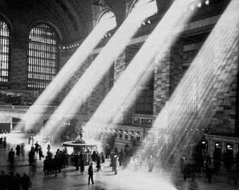 Grand Central Station vintage photo print New York wall decor NYC NY gift art train terminal black and white art light streaming windows