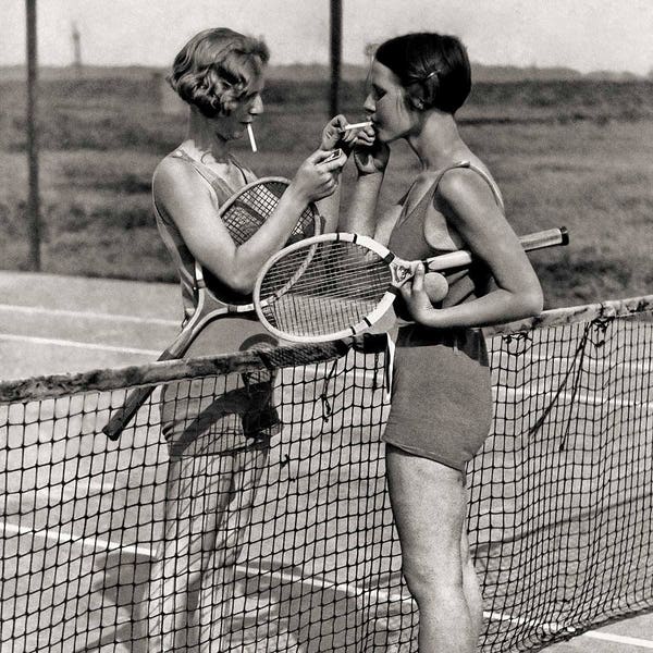 Vintage tennis photo print women smoking players gift, wall decor poster. Black and white tennis ladies art for home or team present.