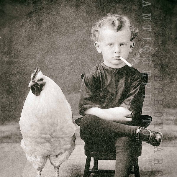 Vintage photo garçon avec poulet coq enfant fumeur affiche impression bizarre inhabituel étrange décoration murale noir et blanc antique bizarre bizarre