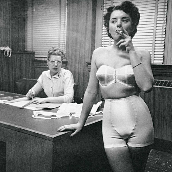 Vintage photo print secretary office smoking woman black white photograph retro bra girdle photography gift cool poster wall decor art