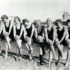 Vintage photo print beach photograph women bathing beauties girls group black and white photograph antique coastal wall decor art poster