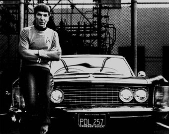 Leonard Nimoy TV star Trekkie gift photo print trek art vintage buick, retro wall decor poster Sci Fi television star black and white