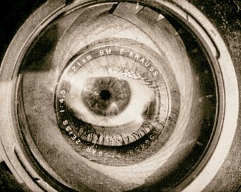 Movie camera lens weird vintage photo print poster black and white photographer gift cinematographer eye eyeball still video unusual strange