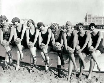 Vintage photo print beach photograph women bathing beauties girls group black and white photograph antique coastal wall decor art poster