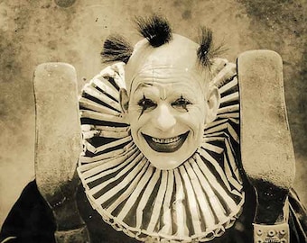 Creepy clown weird vintage photo print scary strange antique circus freak black white poster Lon Cheney bizarre unusual crazy disturbing