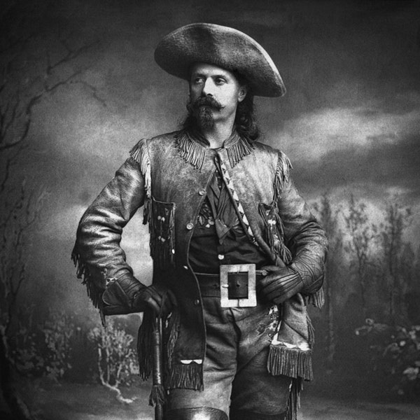 Buffalo Bill Cody photo print poster vintage wild western decor rifle William F black and white antique wall art historical 1800s