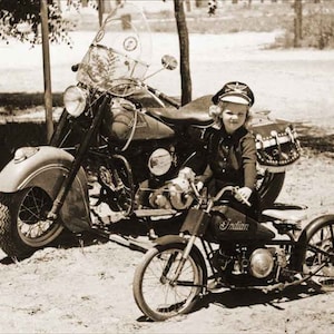Girl on motorcycle vintage photography print gift lady biker woman rider child kid wall decor art poster for motorcycle lover, enthusiast