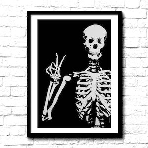 Skeleton making peace sign wall print poster gift for radiologist X-ray tech orthopedic surgeon med student doctor chiropractor. Bones art!
