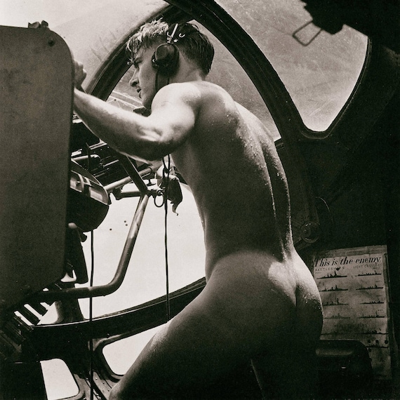 Vintage photo print naked Navy gunner soldier black and white nude sexy  male physique handsome good looking beautiful poster gay wall decor