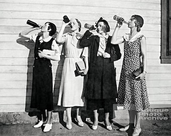 Beer poster women drinking wall art print, bar decor prohibition photo for tavern pub speakeasy. Vintage black and white home brewery gift.