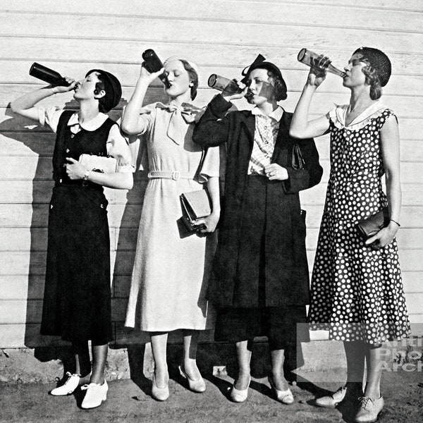 Beer poster women drinking wall art print, bar decor prohibition photo for tavern pub speakeasy. Vintage black and white home brewery gift.