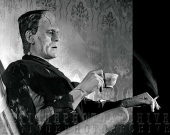 Weird vintage photo Frankenstein wall decor print black and white poster Boris Karloff strange unusual drinking tea cup unique art gift