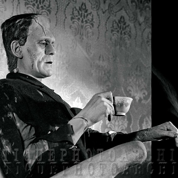 Weird vintage photo Frankenstein wall decor print black and white poster Boris Karloff strange unusual drinking tea cup unique art gift