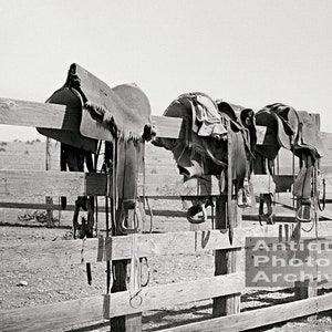 Leather saddles western decor rustic farmouse wall art vintage photo cowboy gift rancher horse rider american west history print poster