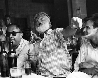 Ernest Hemingway drinking vintage photography print. Writer gift for author black and white drinking drunk in Key West bar wall decor poster