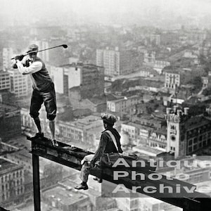 Golf vintage photo print poster gift decor art wall standing on construction beam skyscraper black and white building unique cool 1930s