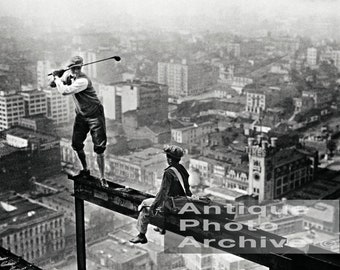 Golf vintage photo print poster gift decor art wall standing on construction beam skyscraper black and white building unique cool 1930s