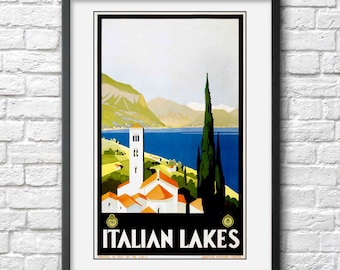 Italy vintage travel poster Italian lakes print antique tourism retro ad art deco wall decor print