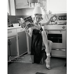 Vintage photo print kitchen hair salon wall decor sexy 1950s housewife cooking retro kitsch black and white art funny bridal shower gift her
