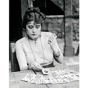 Vintage photograph fortune teller card reader print psychic divination witchy wall decor wiccan black and white art occult gift Theda Bara