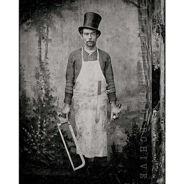 Vintage photo butcher with meat cleaver print. Gothic wall art dark decor macabre creepy weird black and white antique photography 1800s