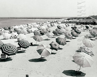 Vintage photo beach umbrellas print beach house coastal nautical ocean wall decor black and white photography art poster
