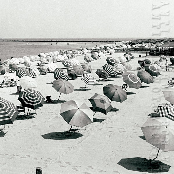 Vintage photo beach umbrellas print beach house coastal nautical ocean wall decor black and white photography art poster