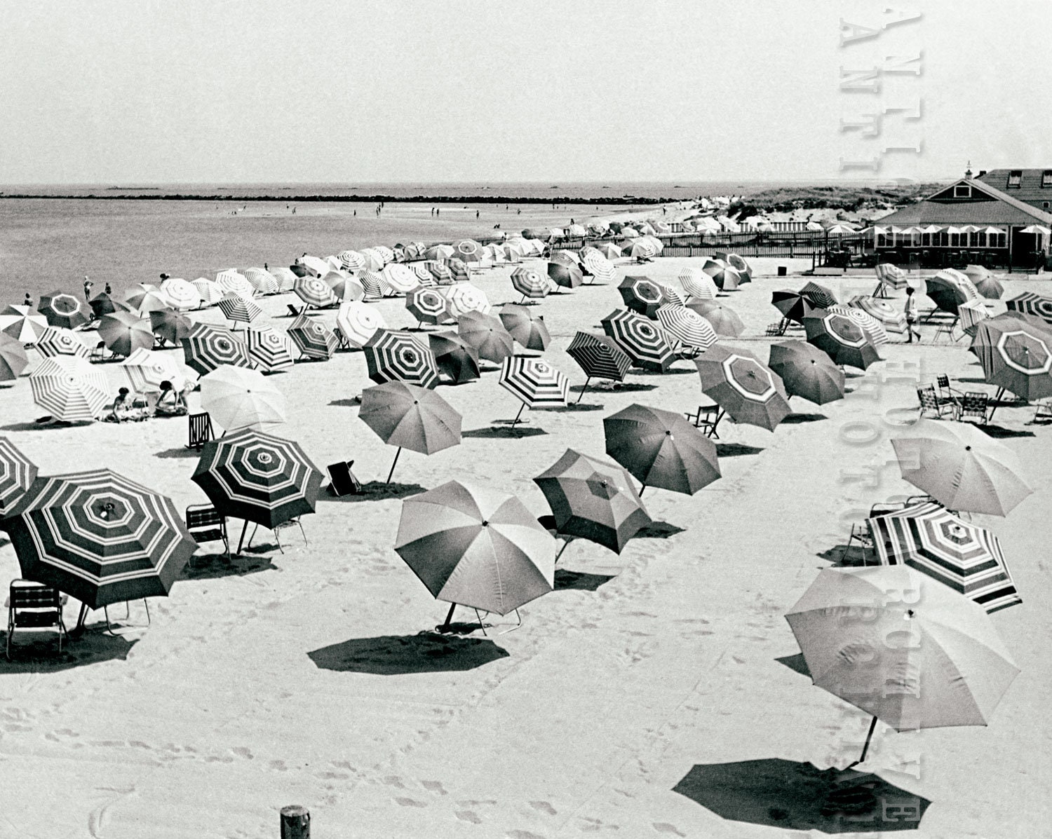 Vintage photo beach umbrellas print beach house coastal nautical ocean wall decor black and white photography art poster