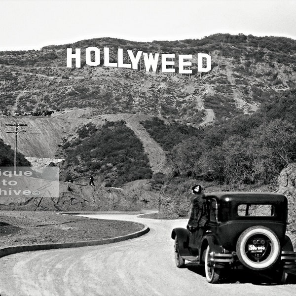 Hollyweed poster Hollywood sign marijuana art weed gift for stoner 420 cool cannabis antique car vintage photo home wall decor old picture