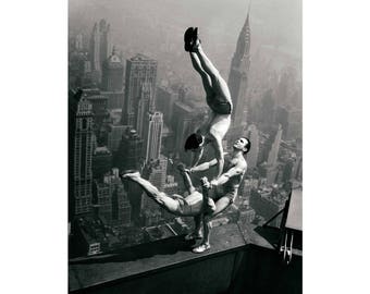 Vintage NYC skyline photography print New York wall decor poster, acrobat gymnast men balancing, homoerotic male physique queer NY city gift