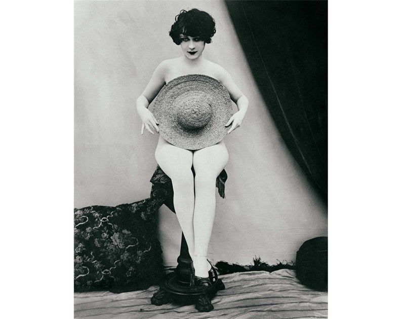 Vintage photo print poster nude Ziegfeld girl holding hat 1920s woman black and white fine art photography home wall decor gift for her