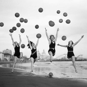 Vintage photo women girls on beach jumping balloons wall art black and white photography print poster decor celebrate happy joy dancer gift