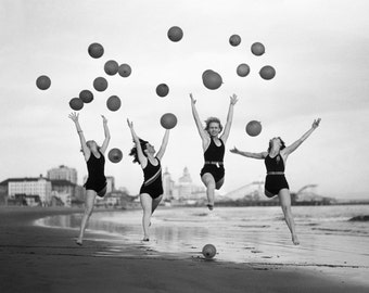 Vintage Beach Print: Women with Balloons, Black and White Photography beach house decor